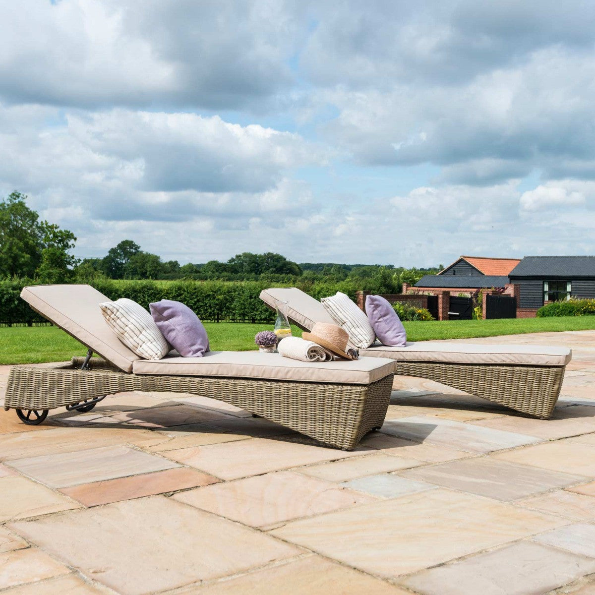 Set of 2 Maze Winchester Brown Rattan Sunlounger Set with Table